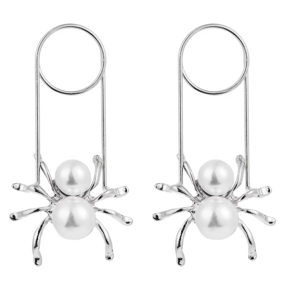 Pearl Safety Pin Hoop Spider Statement Earrings - Elegant Goth